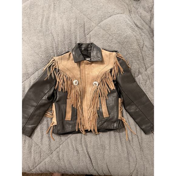 Kids Vintage Shaf Biker Riding Leather Jacket Black Western Fringe Large 10/12 - Picture 6 of 6